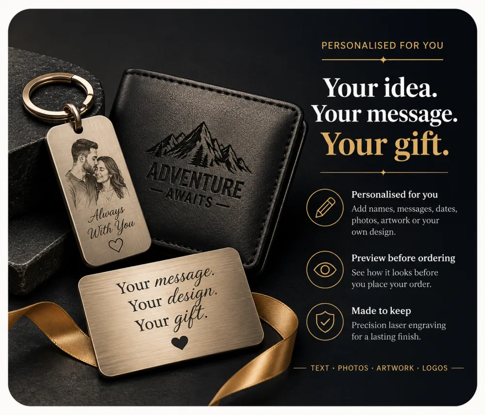 Personalised engraved metal keyring, wallet and gift card examples