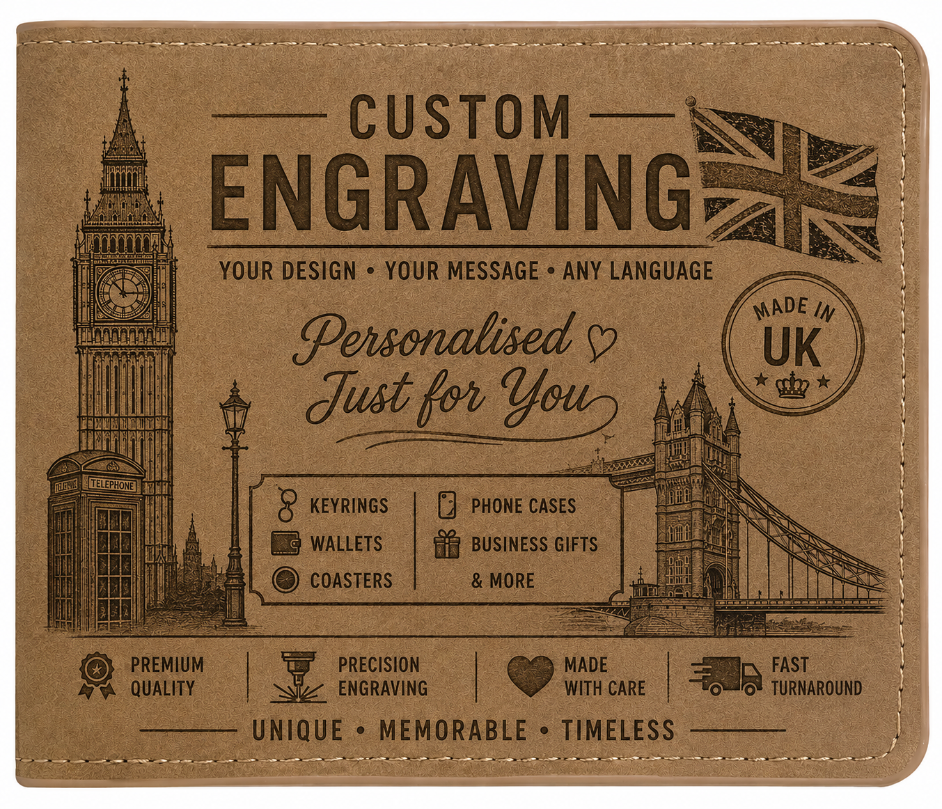 Personalised Engraved Black Wallet – Custom Text, Photo or Design